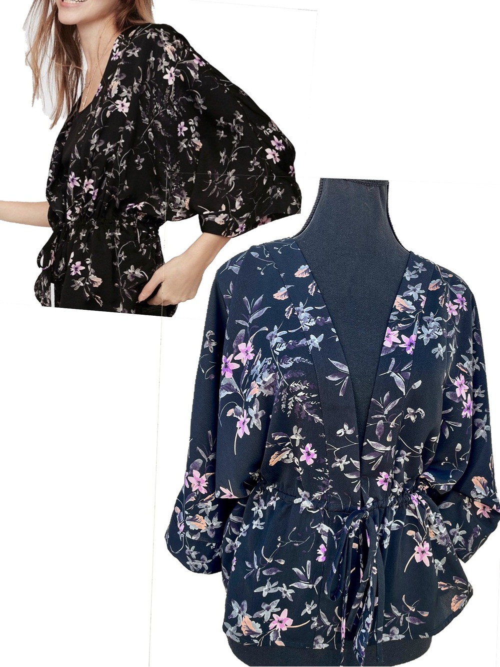 NEW Express Kimono Top Sz S Tie Front Cinch Waist Black Purple Floral Coquette